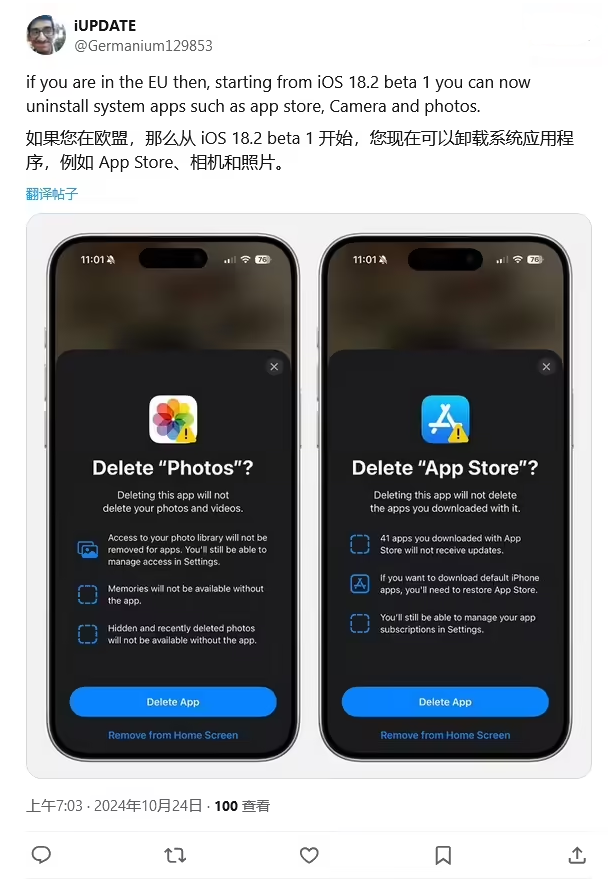 冷水江苹果手机维修分享iOS 18.2 支持删除 App Store 应用商店 