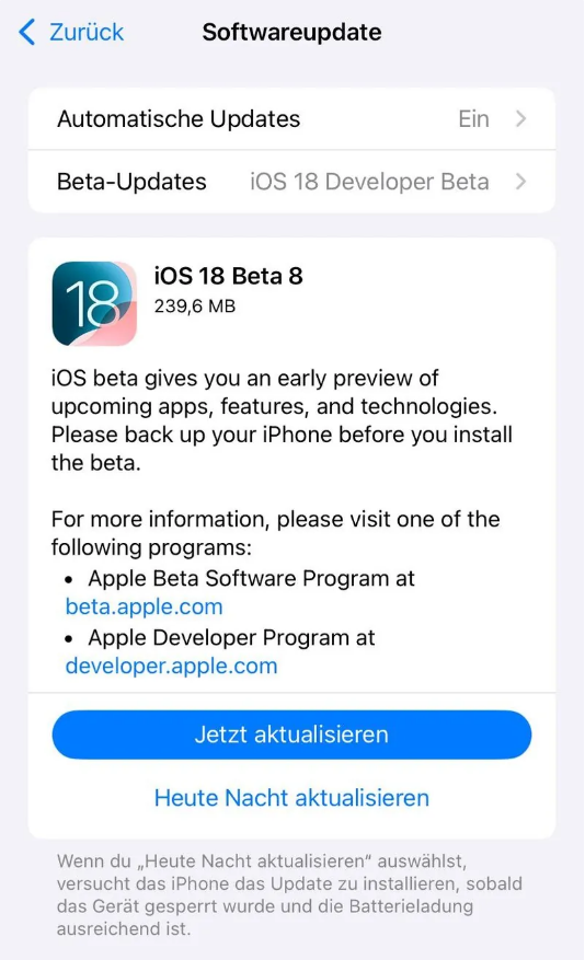 冷水江苹果手机维修分享苹果 iOS / iPadOS 18 开发者预览版 Beta 8 发布 